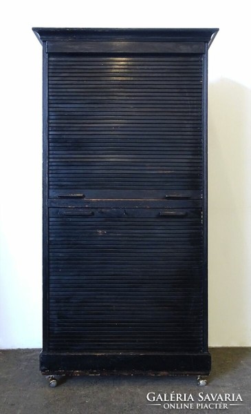 0X921 Antik fekete rolós kartotékszekrény 185 cm