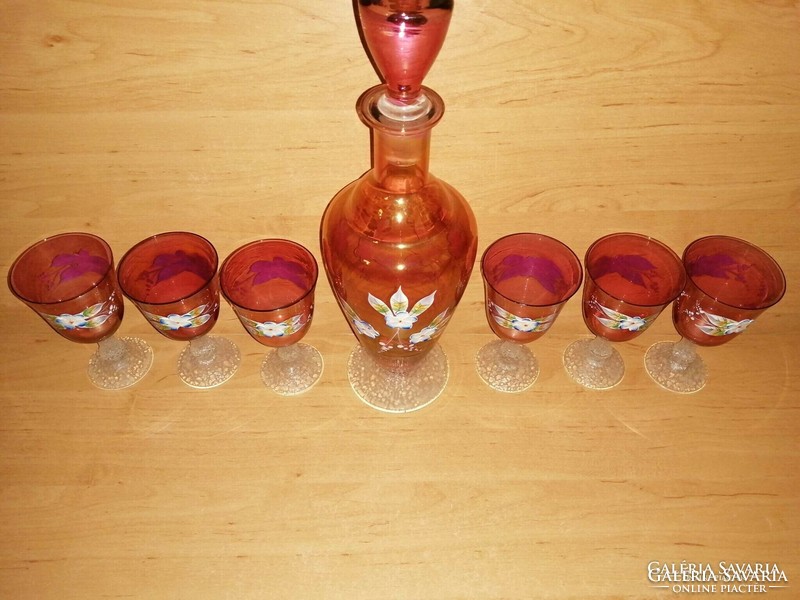 Old glass drink holder with plastic flower decoration, spout, stemmed glass set (ap-1)