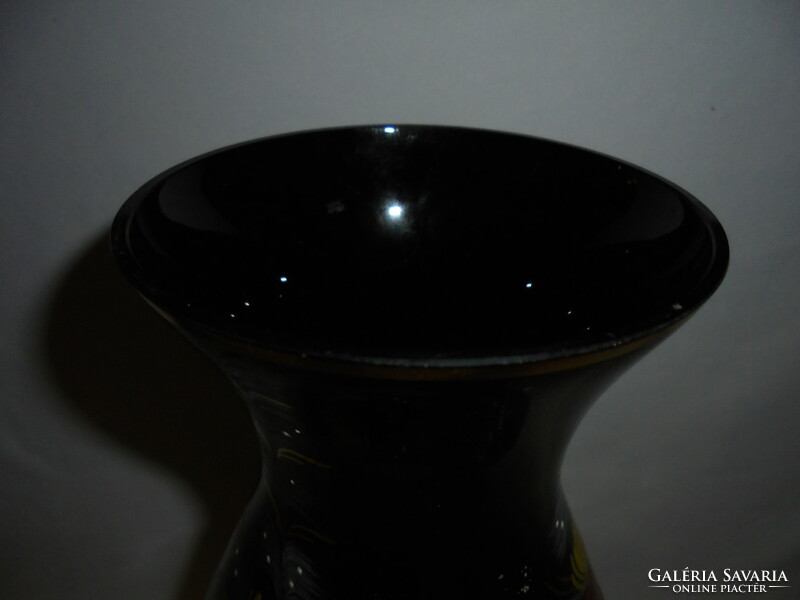 Old hand-painted black floral glass vase - kunstglas