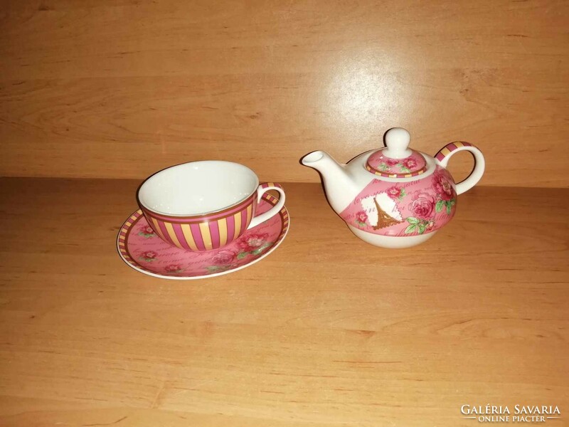 Rózsás német porcelán reggeliző készlet - kiöntő, csésze, kistányér (b)