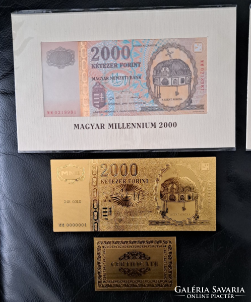 Certifikációval, aranyozott milleniumi 2000 forint bankjegy, replika, és a modelljei, 2-2 darab