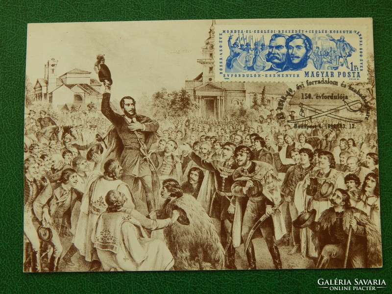 Postcard, Kossuth recruitment speech, brickwork; with occasional stamps, e.g. Revolution and War of Independence;