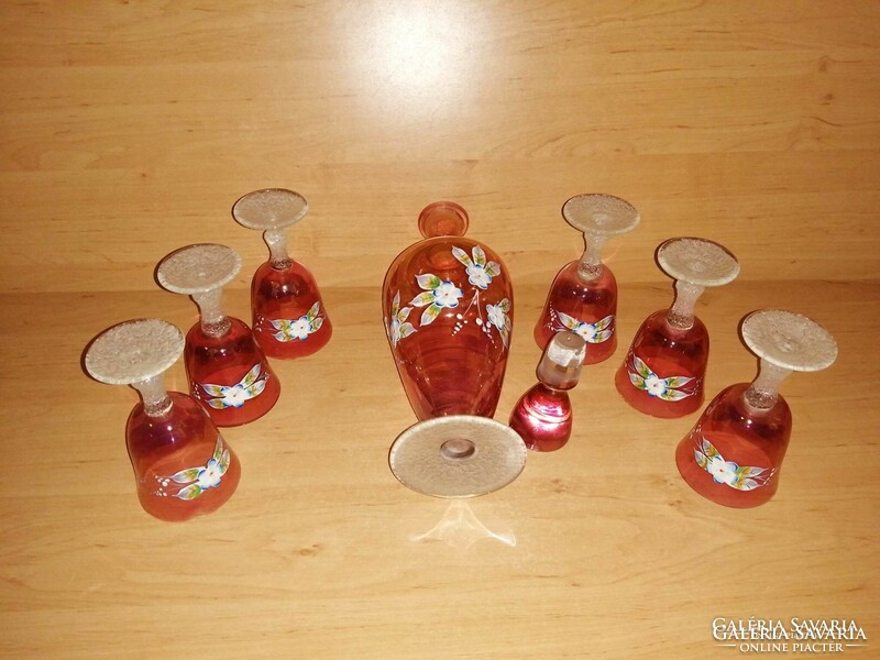 Old glass drink holder with plastic flower decoration, spout, stemmed glass set (ap-1)