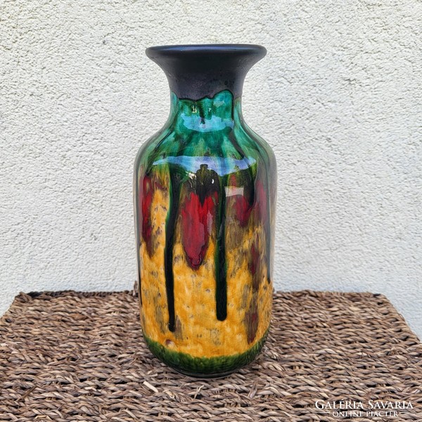 Marked retro rare colored glazed ceramic vase iridescent at the mouth