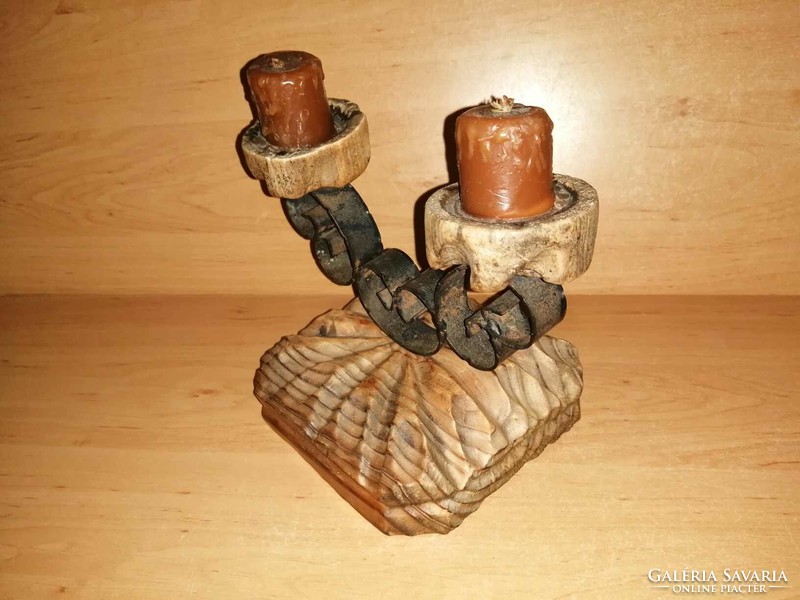 Wrought iron and wood combination candle holder (ra)