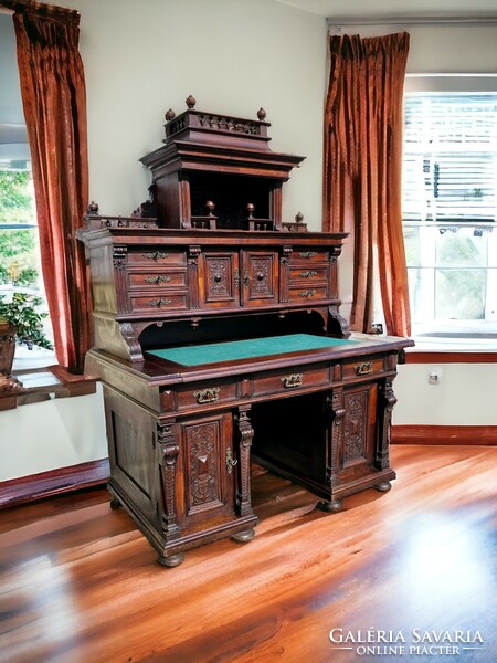 A802 antique, newly renovated, richly carved pewter style desk with superstructure