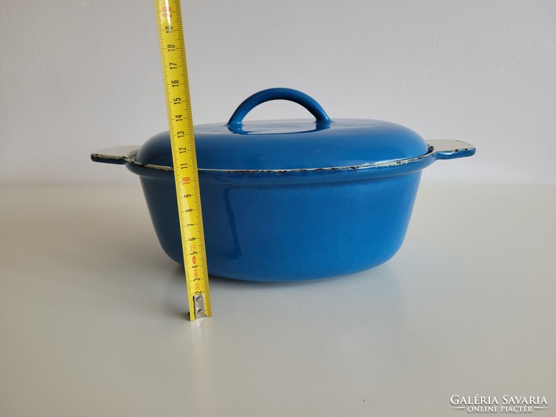 Old vintage blue enameled cast iron baking dish with legs enameled bowl with lid iron pot pot
