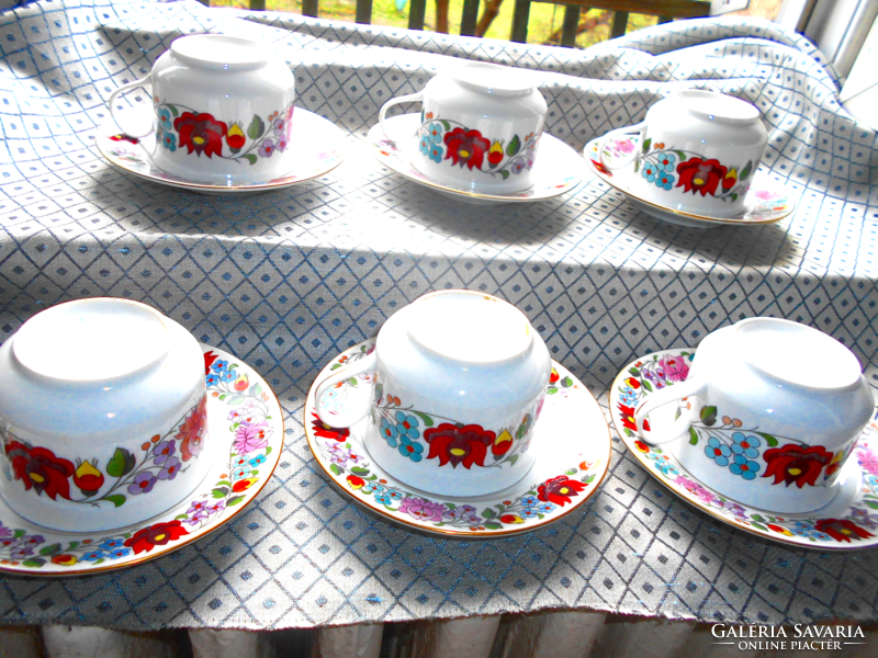 6 Kalocsa hand-painted tea cups + saucers - the price applies to 6 pcs