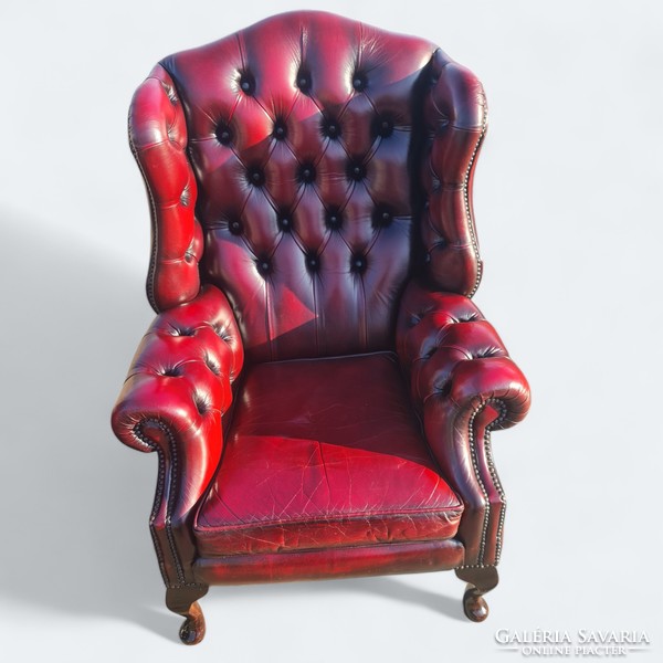 A803 original English chesterfield leather armchairs with ears