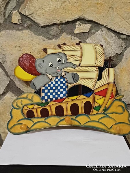 Retro wooden children's coat hanger elephant on the boat