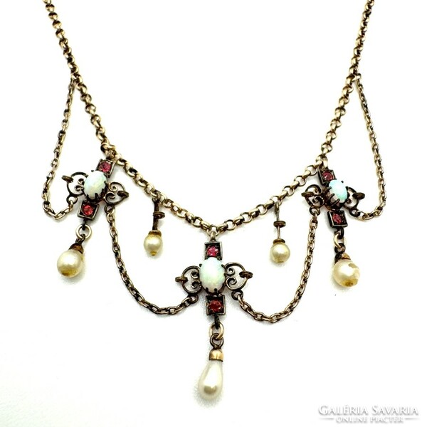 Old gilded metal necklaces, with opal, pearl, gemstone