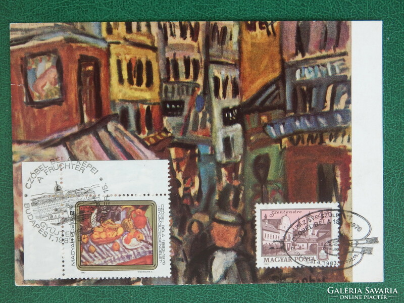 Postcard - cm - béla czobel repro and arched stamp 1983., Occasional stamp and Szentendre stamp