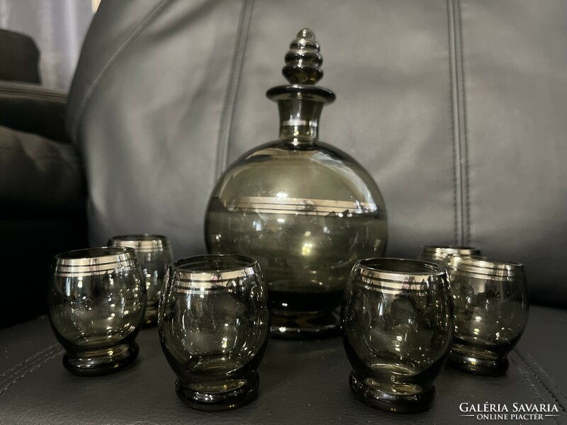 French, art deco, black smoked glass, decorated with silver stripes, clean design, liqueur