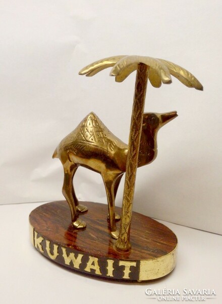 Bronze dromedary with palm tree, on lacquered wooden pedestal, Kuwaiti souvenir