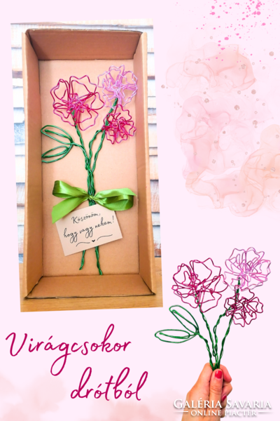 Virágcsokor drótból - egyedi örökvirág - virágos ajándékötlet hölgyeknek - művirág rózsa, bazsarózsa