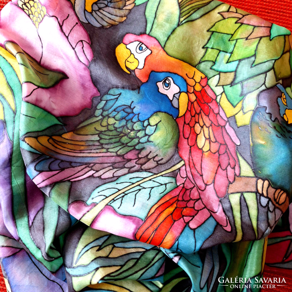 Original silk scarf, bird, hand stitched, hand painted, parrot pattern (large)