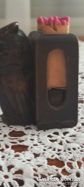 Carved wooden owl match holder