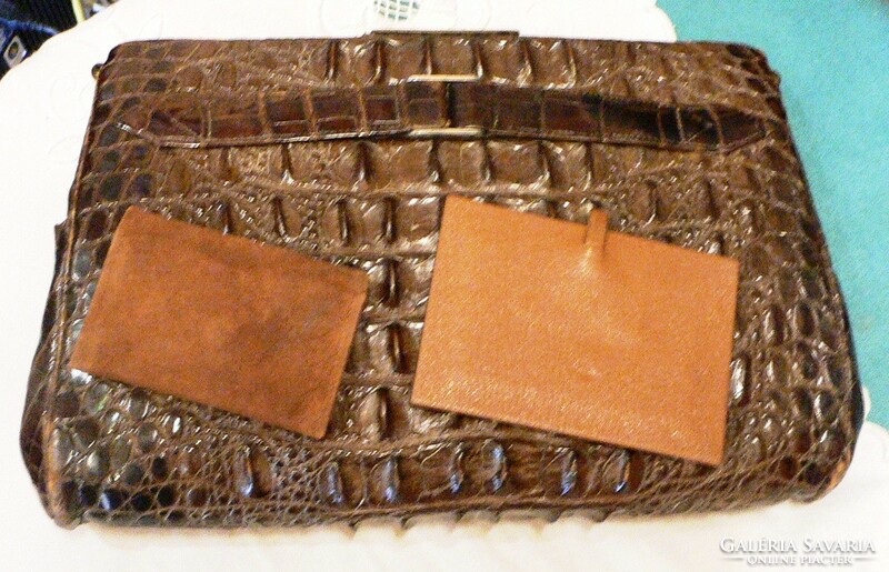 Vintage thick crocodile skin handbag with wallet and mirror