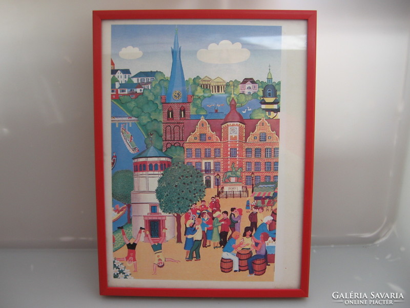 Retro cityscape, street party image in red frame