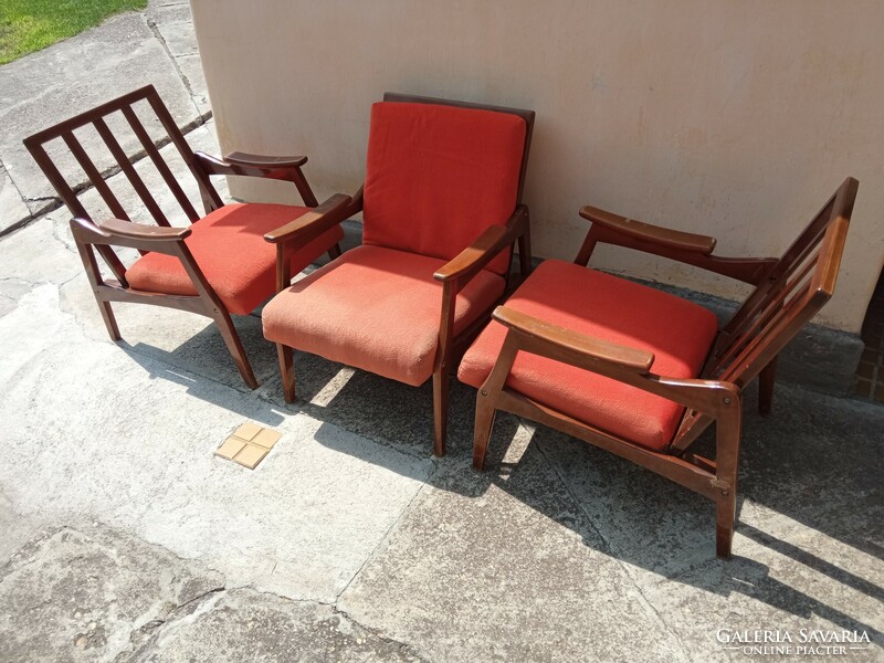 Mid century, slatted, solid wood retro armchairs, 3 pcs