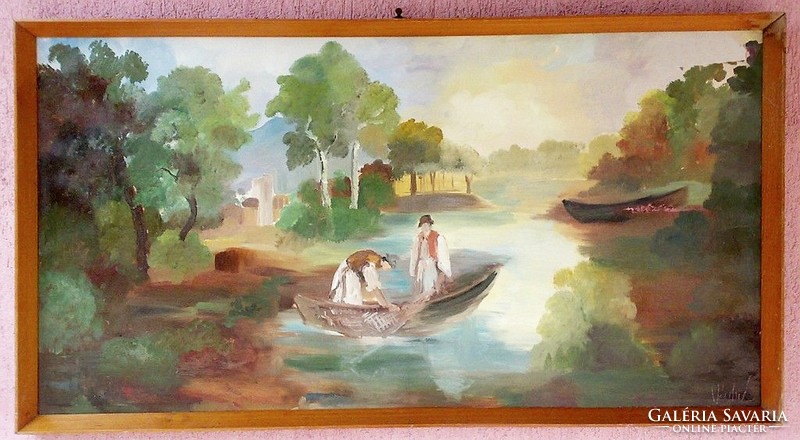 Net throwers, Great Plain landscape with end signature, antique oil-canvas painting from the beginning of the last century