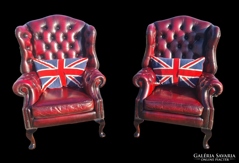 A803 original English chesterfield leather armchairs with ears