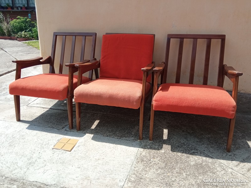 Mid century, slatted, solid wood retro armchairs, 3 pcs