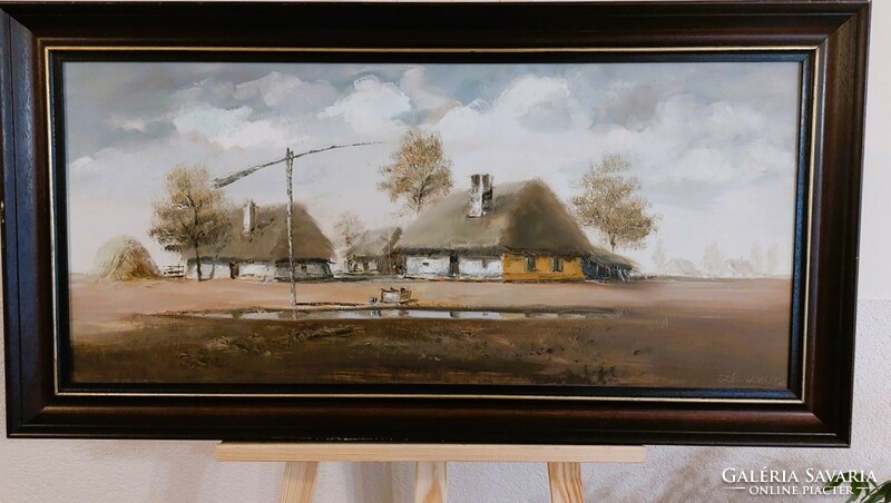 Beautiful landscape painting by László Szőcs (K) with frame 99x52 cm farm with crane