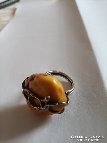Handmade silver ring with butter amber.