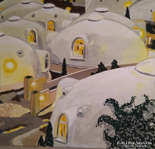 Bubble houses in the evening atmosphere. Acrylic painting, 60 x 60 modern architecture