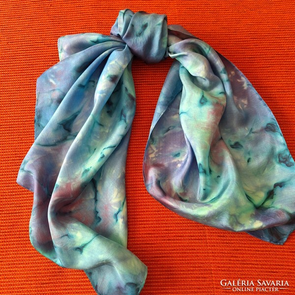 Original silk scarf, blue-green shade, batik, large