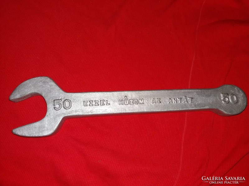 Old humorous workshop wall decoration metal 50's wrench with the inscription 