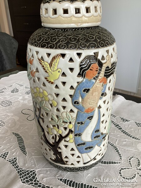 Vietnamese openwork patterned ceramic spice-herb holder with colorful life pictures!