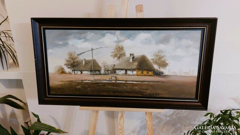 (K) Szőcs László szép tájképfestménye 99x52 cm kerettel tanya gémeskúttal