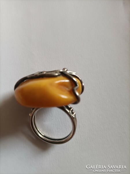 Handmade silver ring with butter amber.