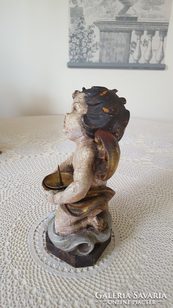 Antique carved, painted angel candle holder