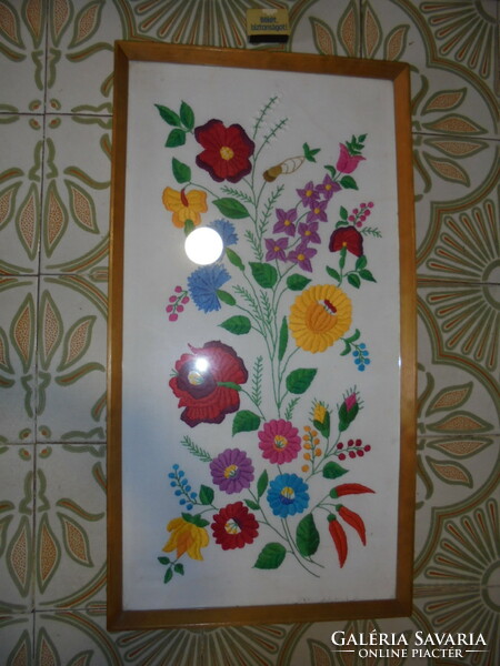 Retro Kalocsa embroidered picture, wall decoration in frame, under glass 70