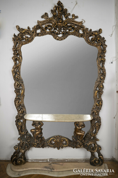 Antique large neo-baroque wall mirror with marble bracket