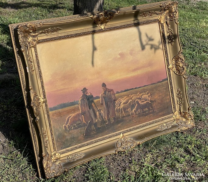 Kovács f. Oil painting. Shepherds at sunset.