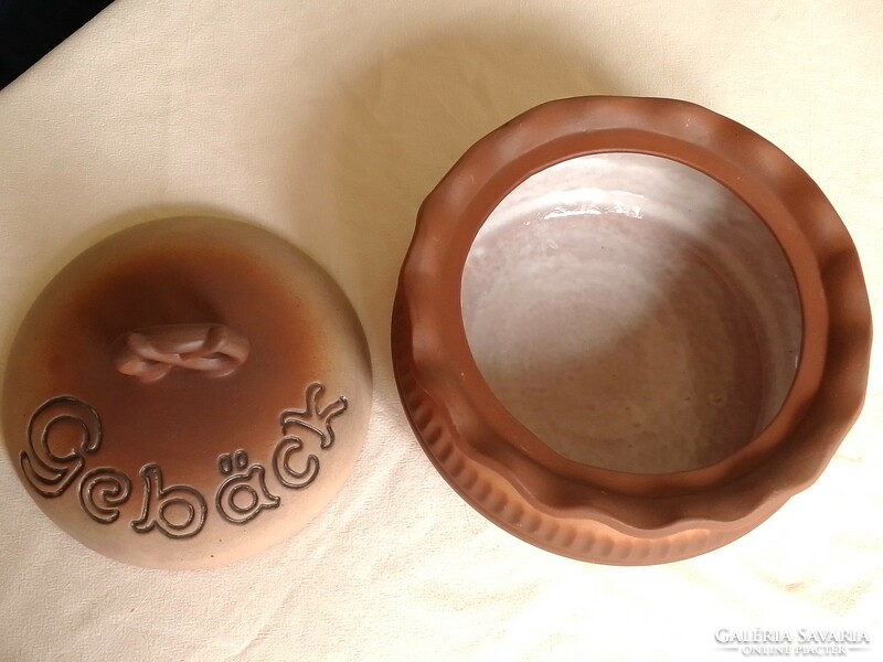 Old German craftsman inside glazed ceramic baking dish with lid cake serving holder container