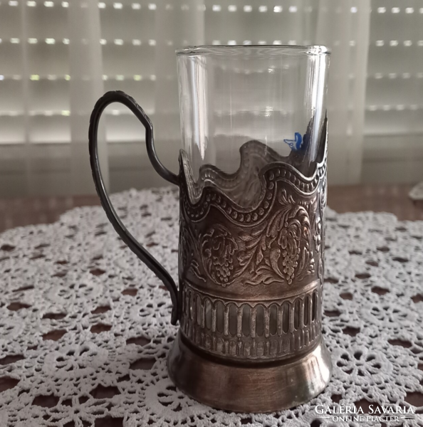 Orosz teás pohár tartó ezüstözött, üveg  pohárral
