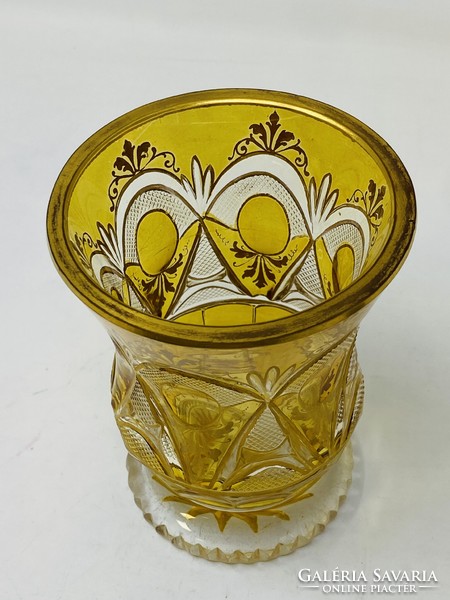 Antik überfangos csiszolt bieder talpasüveg pohár, kehely méz színben   RZ