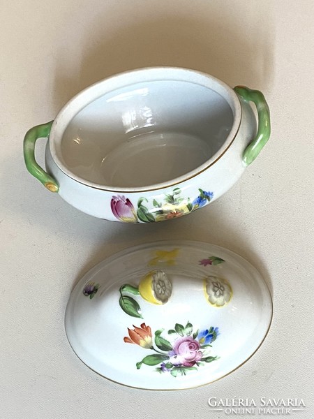 Herend porcelain jewelry holder with lid, bonbonier with lemon tongs, flower decor