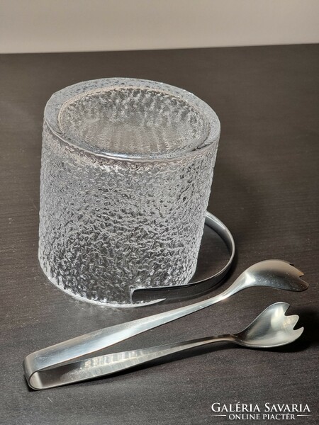 *Swedish glass ice bucket with metal handle wmf with tweezers.