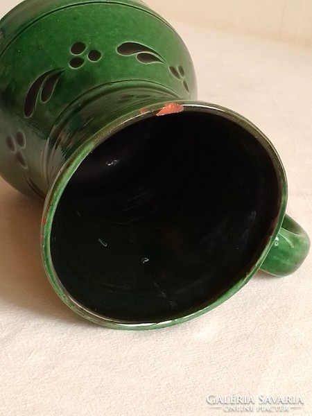 Old green glazed ceramic pitcher, large mug, folk pattern