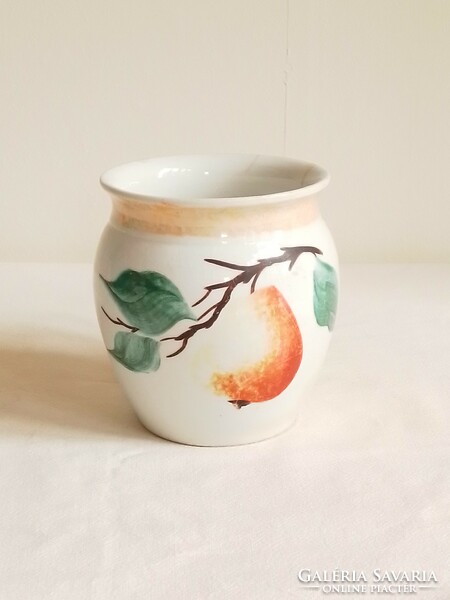 Antique old hand-painted porcelain belly mug with sour cream and sleeping milk with a pear pattern