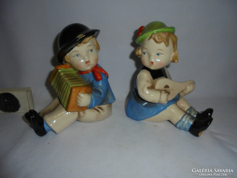 Pair of antique ceramic bookends - boy and girl playing music - hand painted, numbered, marked