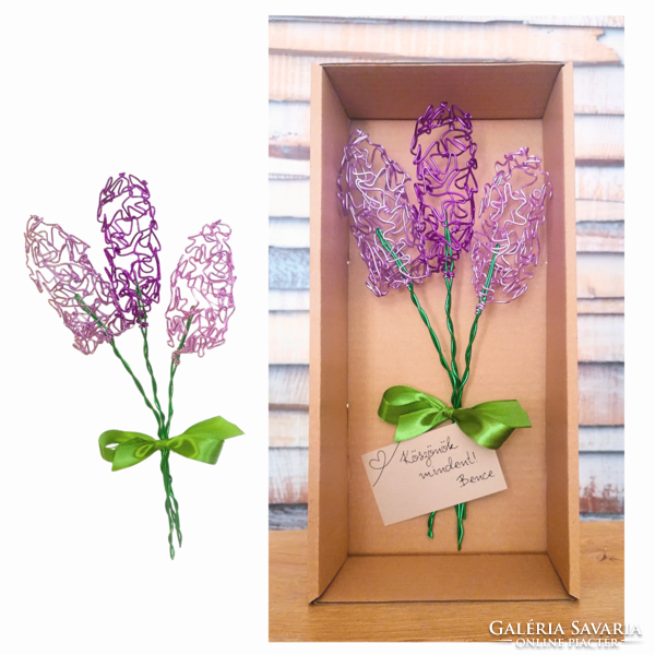 Jácint csokor drótból - egyedi lila örökvirág - virágos ajándékötlet hölgyeknek - élethű művirág