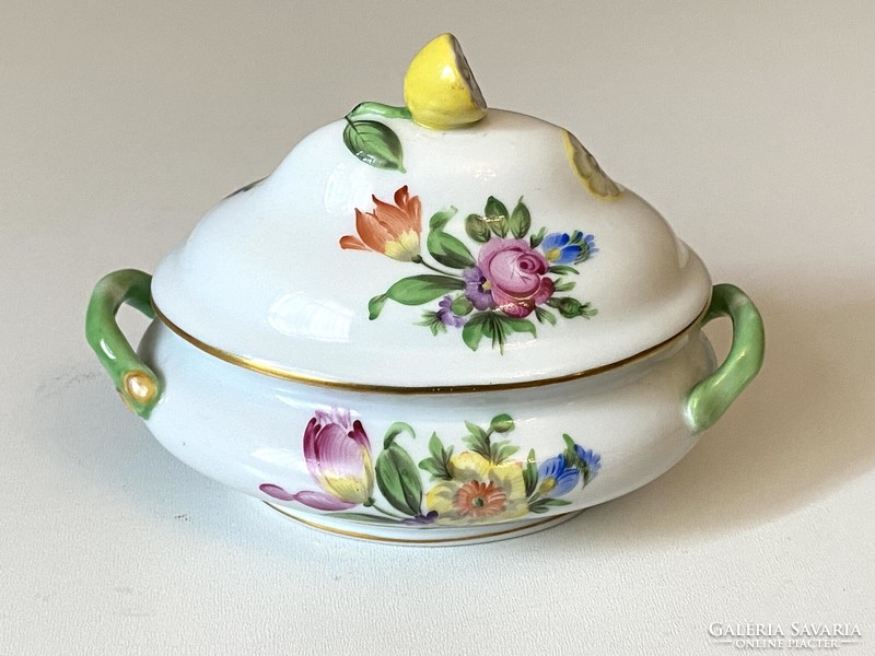 Herend porcelain jewelry holder with lid, bonbonier with lemon tongs, flower decor