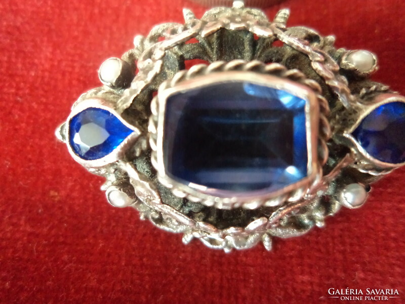 Antik ezüst bross - kék kővel és apró gyöngyökkel - csodaszép mintás-jelzett Hibátlan!